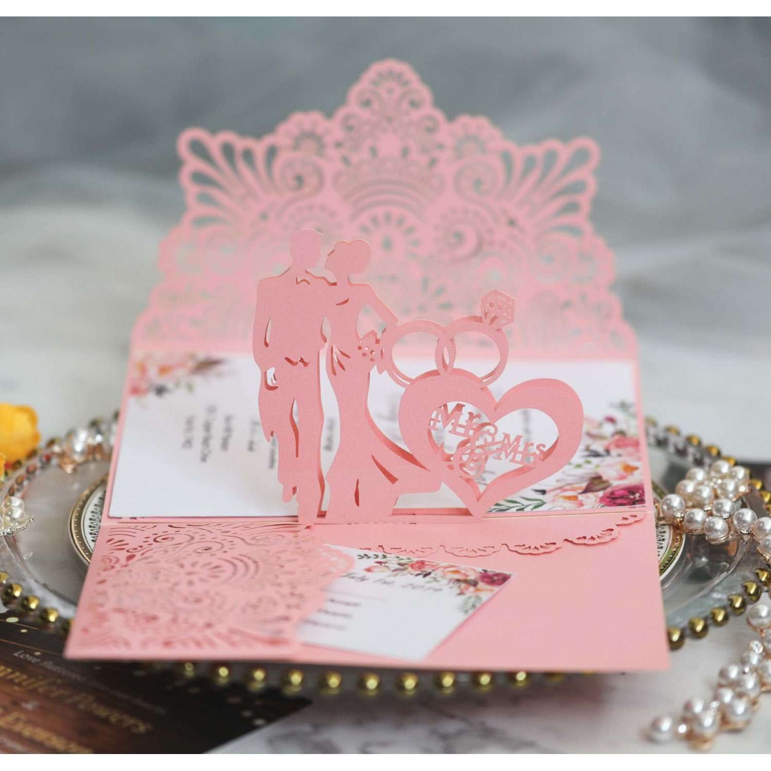 3D Wedding Invitation Card Laser Cut Paper Ivory Tint Color 